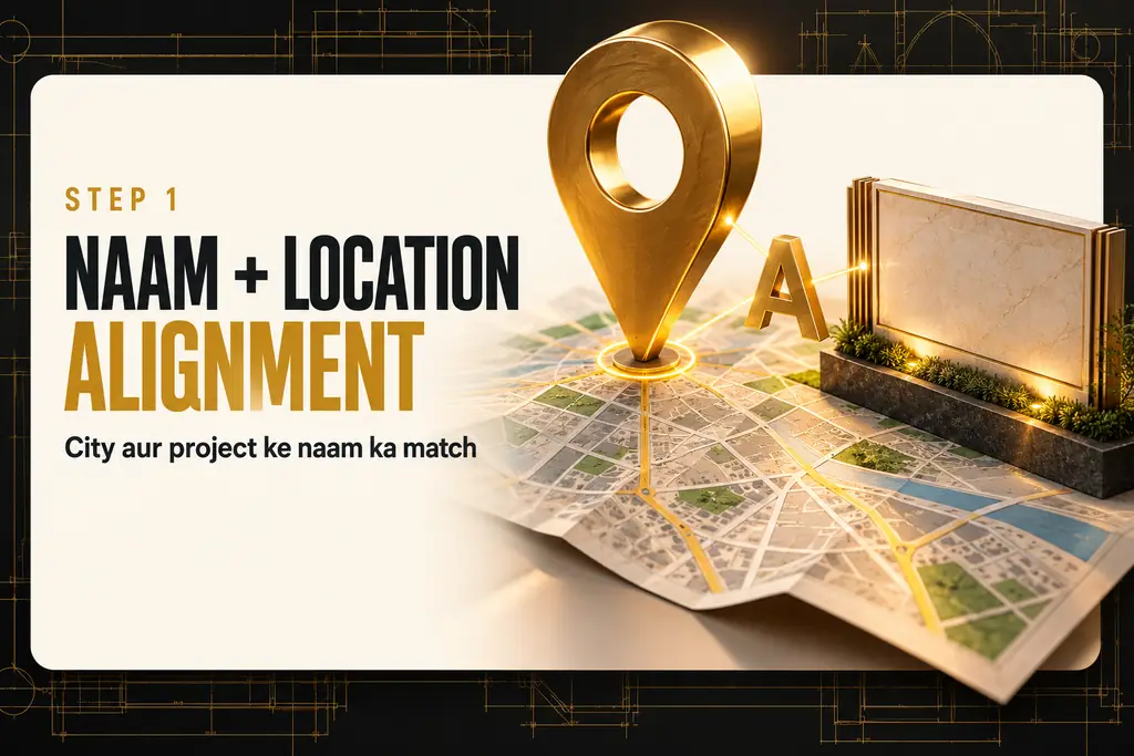 Step 1: Naam + location alignment, city aur project ke naam ka match